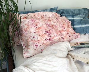 Naturally Dyed Silk Pillowcases on bed Orange and Pink sprinkle