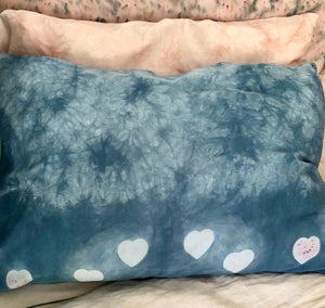Indigo Blue with Hearts Natural Dye Silk Pillowcase on bed