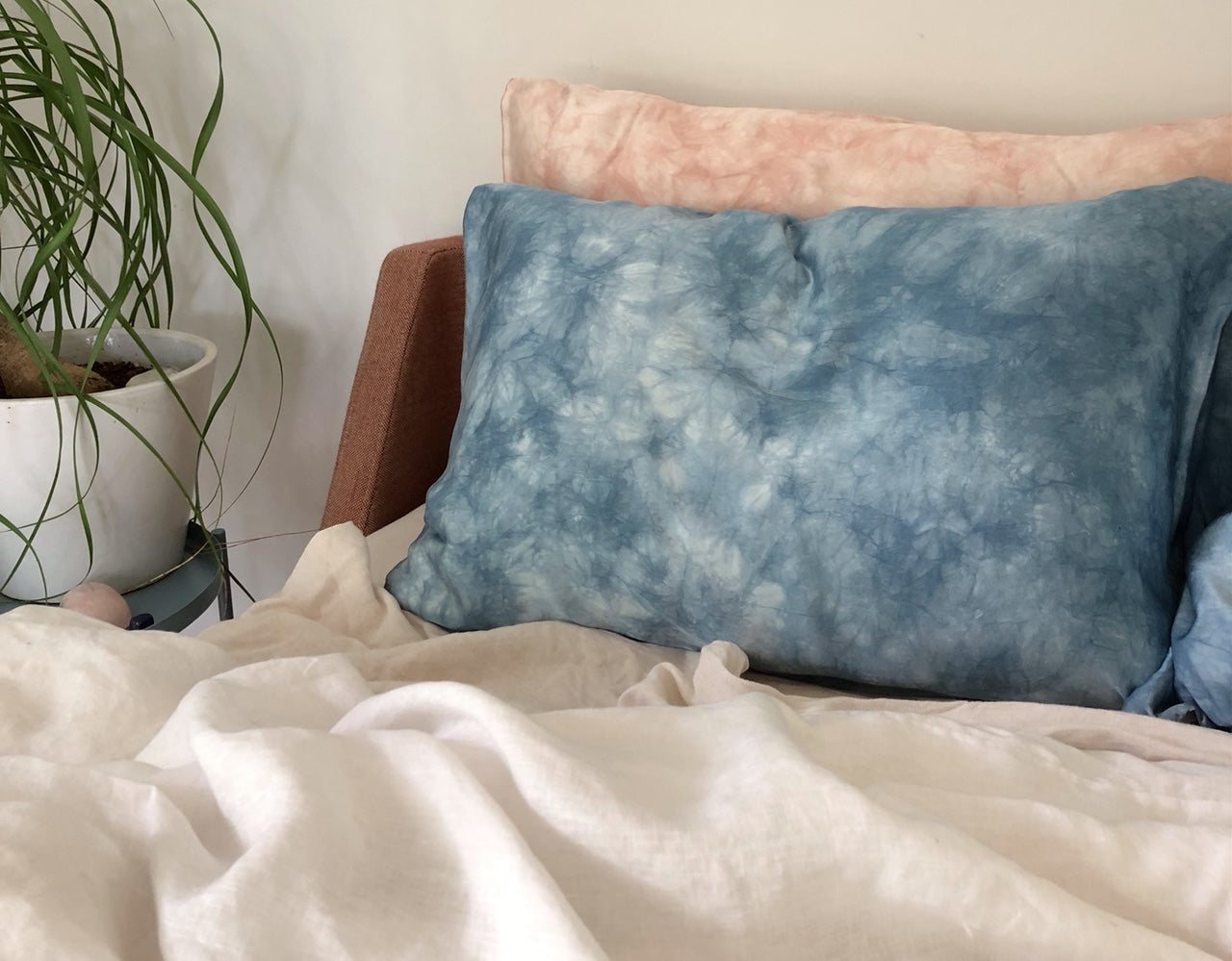 Silk Pillowcase Indigo Blue on bed
