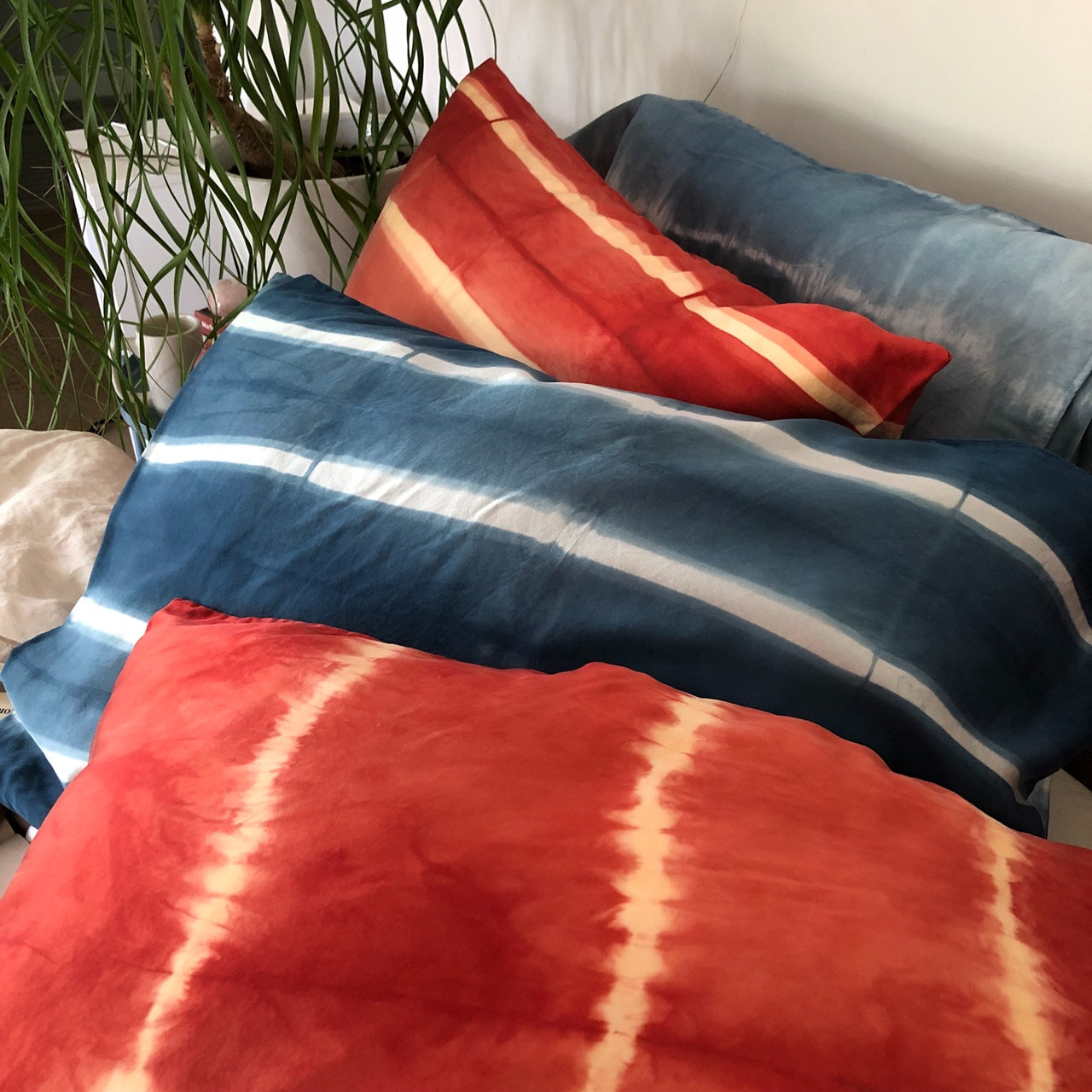 Naturally Dyed Silk Pillowcase Pile Red and Blue